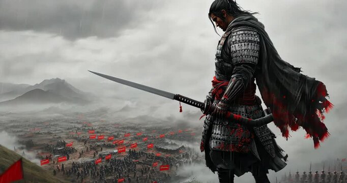 Ancient Warrior's Vigil: A stoic samurai stands guard, his gaze fixed upon the misty battlefield below, embodying strength, honor, and unwavering resolve.