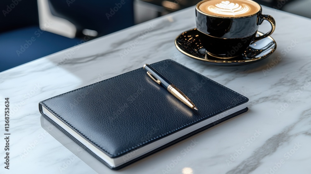 Poster a black leather bound notebook sits on a marble counter with a pen