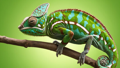 Naklejka premium Colorful Chameleon Against Lighting Green Color Background, Generative AI