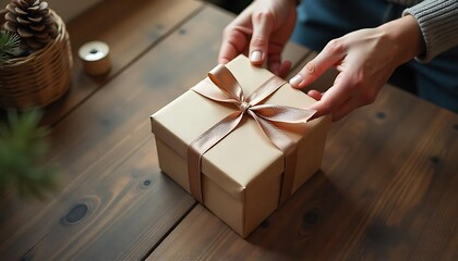 Human hands present and carefully adjust a wrapped gift box