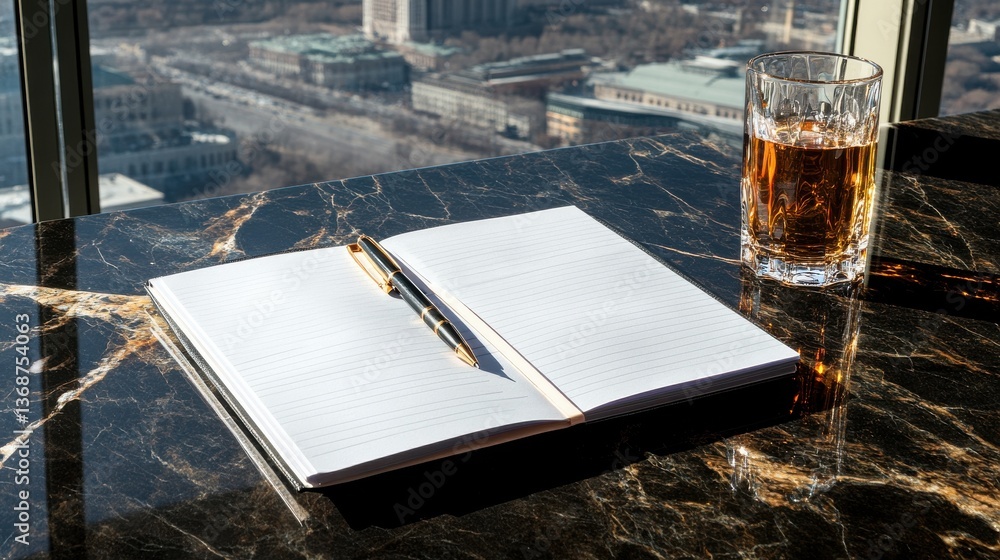 Aufkleber a pen is sitting on a notebook with a glass of beer next to it