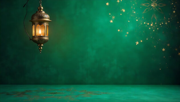 Luxury Islamic greeting card design on green background with Islamic elements decoration, eid mubarak banner, poster, ramdan kareenm template, 2025 eid greeting card, created with generative ai