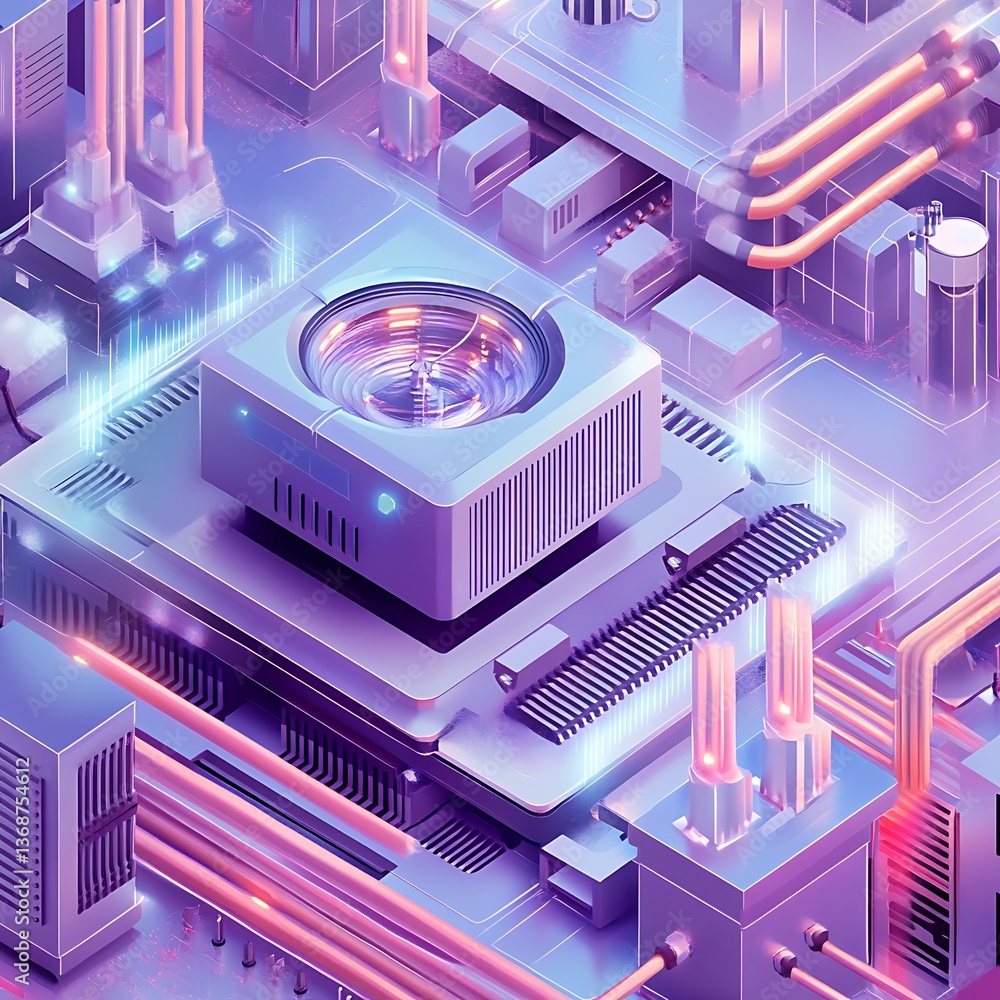 Poster futuristic circuit board with glowing components. detailed isometric view of a complex technological
