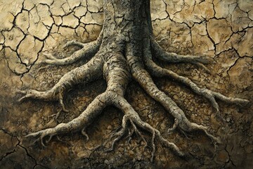 A tree's roots spread across a cracked, parched earth, symbolizing resilience and the struggle for survival in arid conditions.
