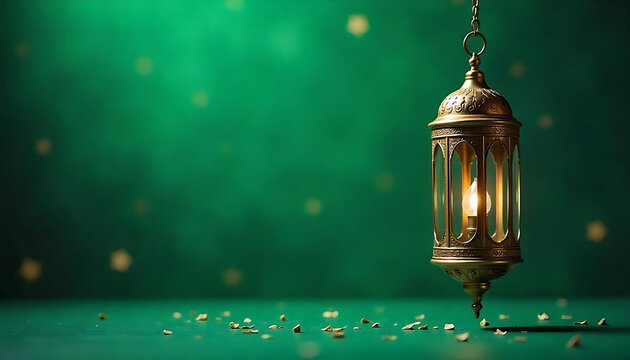 Luxury Islamic greeting card design on green background with Islamic elements decoration, eid mubarak banner, poster, ramdan kareenm template, 2025 eid greeting card, created with generative ai