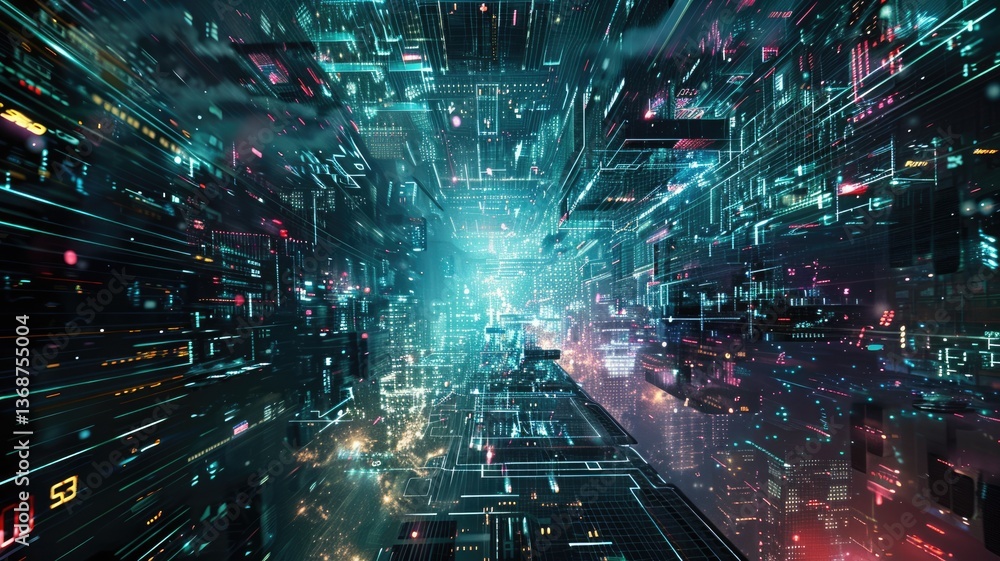 Poster explore a stunning futuristic data network visualization filled with vibrant colors and dynamic line