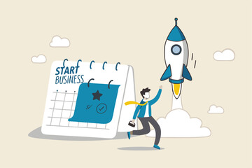 Start new business, quit full time job, startup launch company or product, begin innovative project, entrepreneur start small company concept, businessman launch rocket with calendar start date.
