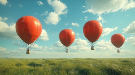 Fototapeta premium Red Hot Air Balloons Floating Over a Green Pasture on a Sunny Day