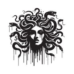 Monochrome vector rendering of a Medusa-like creature with a sna