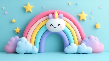 Colorful 3D cartoon rainbow with happy unicorn, stars, and soft clouds