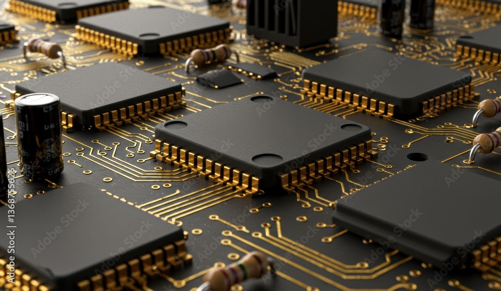 Poster close-up view of circuit board with microchips and electronic components showcasing high-tech innova