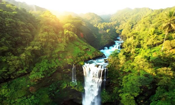 Aerial view of picturesque waterfall in the lush jungle in Chiang Mai, Thailand.