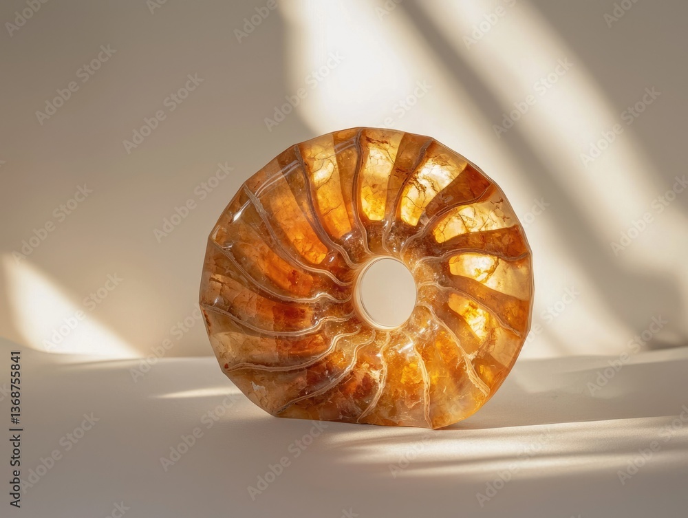 Poster a translucent, golden-brown nautilus shell fossil sits on a white surface, casting soft shadows with