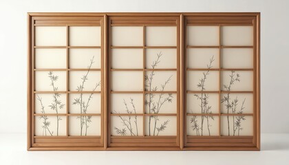 Traditional Japanese shoji room divider screen. Bamboo frame, paper with delicate bamboo illustrations on white background. Home decor, interior design, art, Asian culture, zen lifestyle.