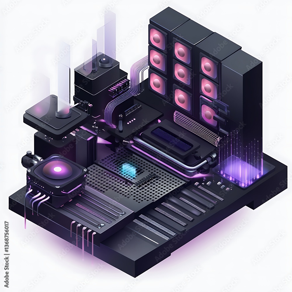 Poster high-tech computer system, showcasing advanced components and cooling
