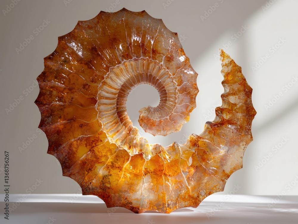 Aufkleber close-up of a beautiful, polished ammonite fossil showing intricate spiral patterns and translucent 