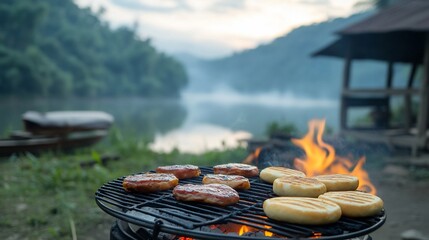 Outdoors grilling food over fire, mountains and water on background