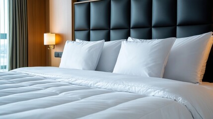 A bed with white pillows and a black headboard