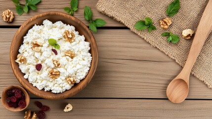 Overhead shot of cottage cheese with nuts, cranberries, greens, on wood