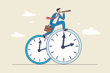 Time management, vision or effort to manage project and foresee problem or opportunity, work deadline or timer countdown, progress or development concept, businessman riding time passing clock.