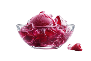 Refreshing raspberry sorbet melting into a glass bowl with ice, creating a moment of pure summer indulgence in vibrant, cool tones.