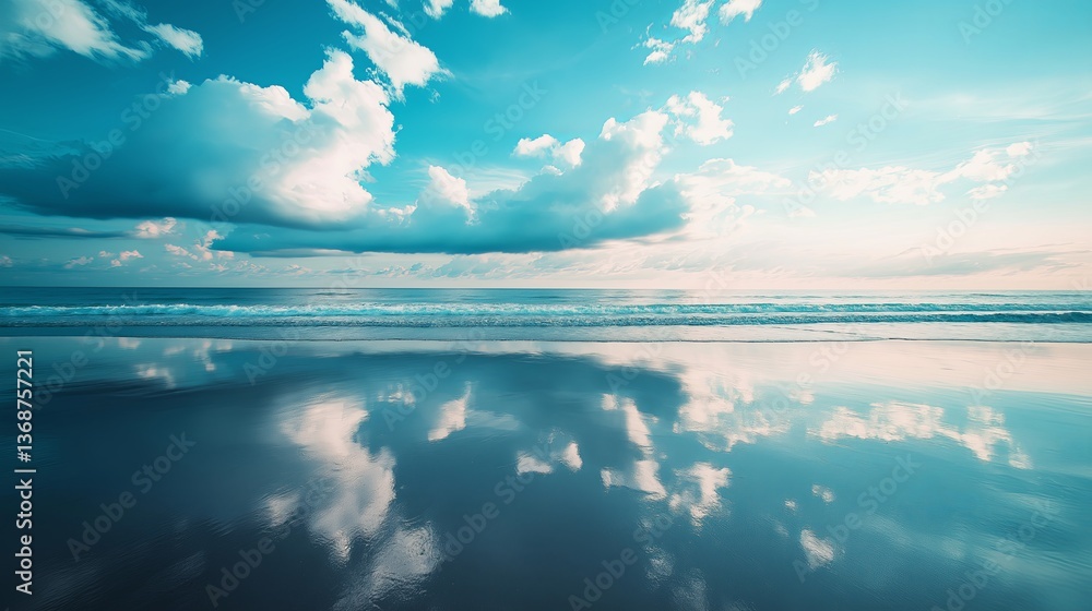 Poster a surreal scene of the ocean meeting the sky in a perfect mirror effect