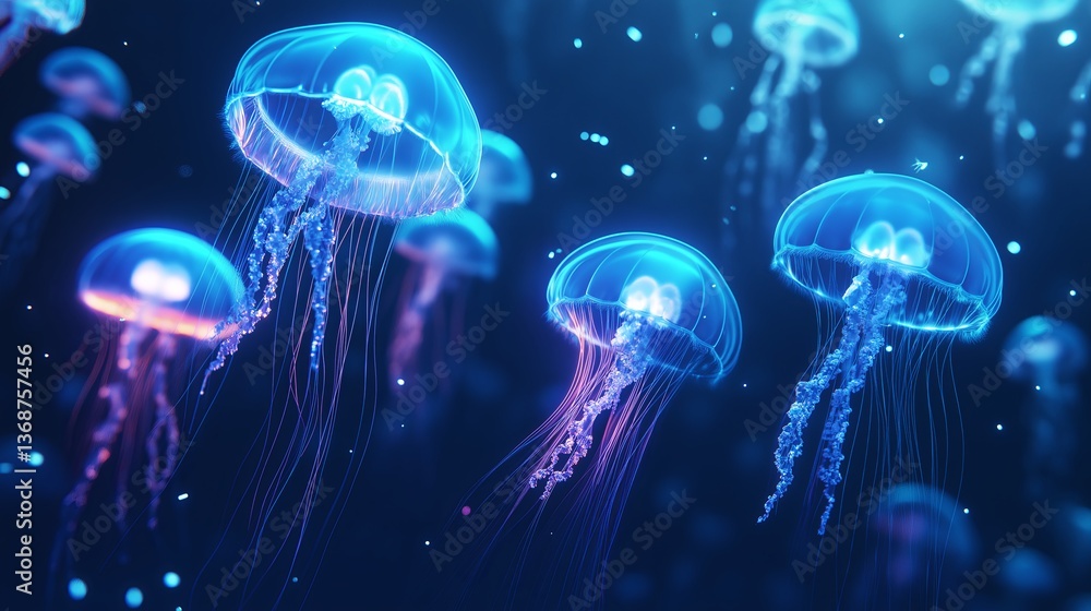 Poster a surreal underwater kingdom with floating jellyfish illuminating the deep
