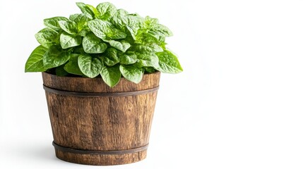 Fototapeta premium Home decor features an indoor plant in a wooden pot set against a white wall, reflecting a minimalist approach to interior design