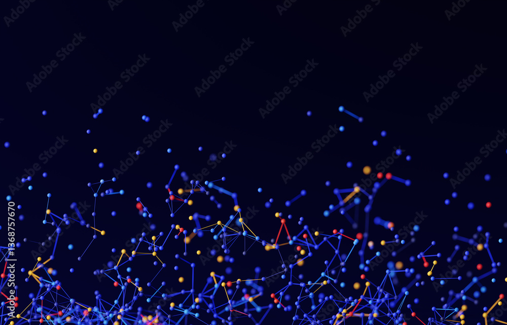Poster interconnected dots and lines form a digital network on a dark blue tech background, visualizing net