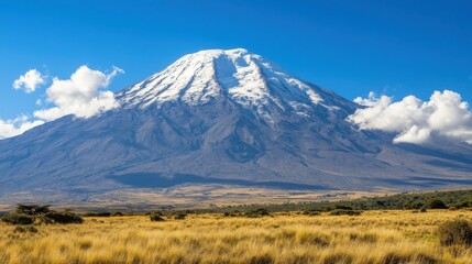 Fototapeta premium Explore the stunning beauty of a snow-capped volcano surrounded by clear blue skies, showcasing natures grandeur in a serene outdoor landscape.