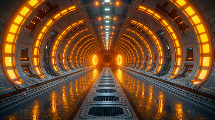 Orange Neon Tunnel Sci-Fi Corridor, Modern Architecture for Futuristic Design
