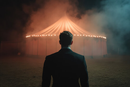 A man stands in front of a large circus tent