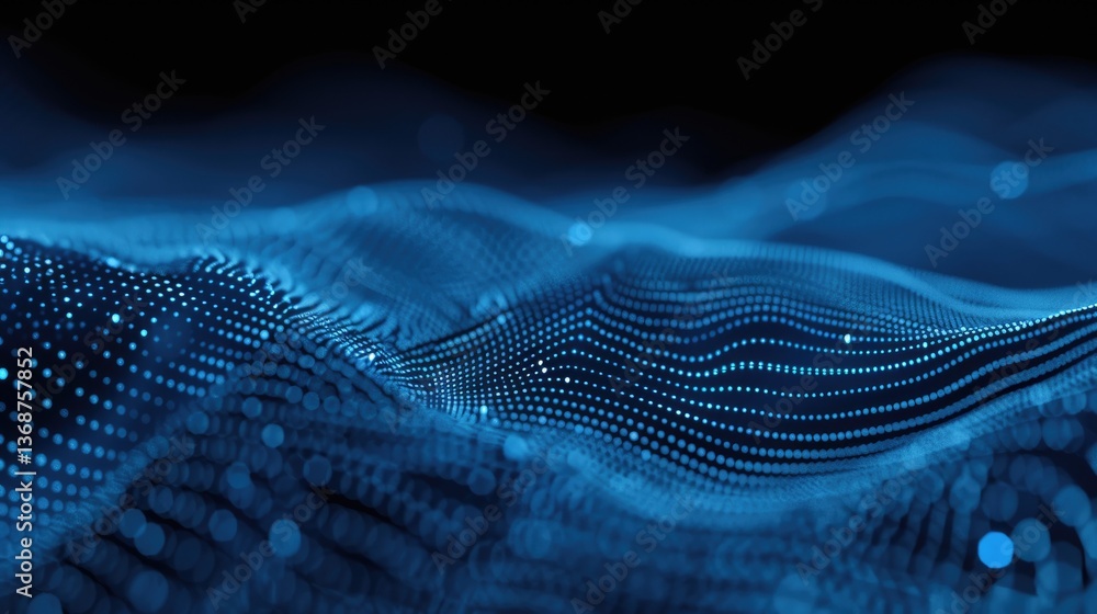 Poster a stunning abstract scene showcasing blue waves formed by dots, creating a sense of rhythm and depth