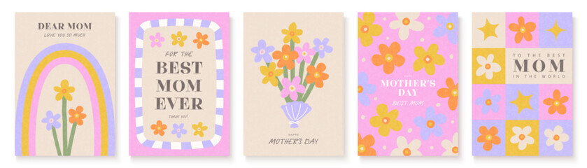 Mother's Day card collection. Cute floral illustrations with warm wishes. Modern flat style, pastel colors. Perfect for posters, social media and greeting cards.