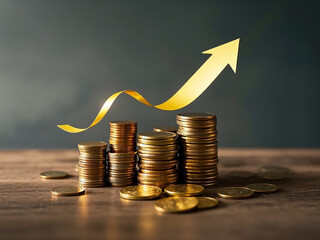 Pile of coins and growing arrow. Management of assets and financial growth. Earning and saving more money.
