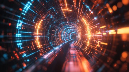 Abstract digital tunnel with glowing blue and orange lights and futuristic feel.