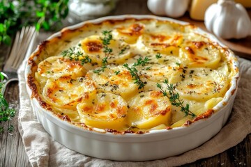 A close-up shows a scalloped potato dish in a white baking dish. The potatoes are thinly sliced, layered, and baked until golden brown and bubbly. Fresh thyme sprigs are scattered on top