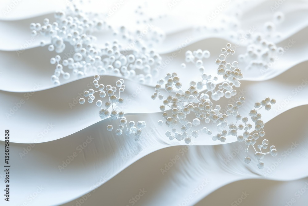 Poster 3d rendered molecular structures sit atop a pristine white, undulating surface, suggesting scientifi