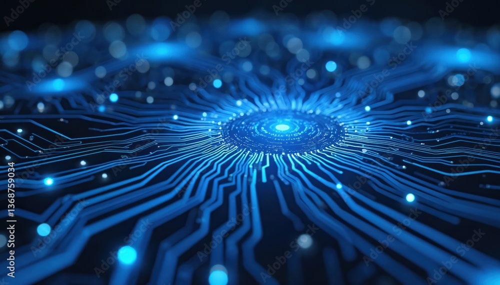 Poster glowing blue circuit board with illuminated pathways represents modern tech. digital data streams ne