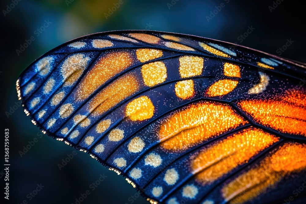 Poster an extreme close-up shot of a butterfly wing displaying intricate patterns in orange, blue, and gold