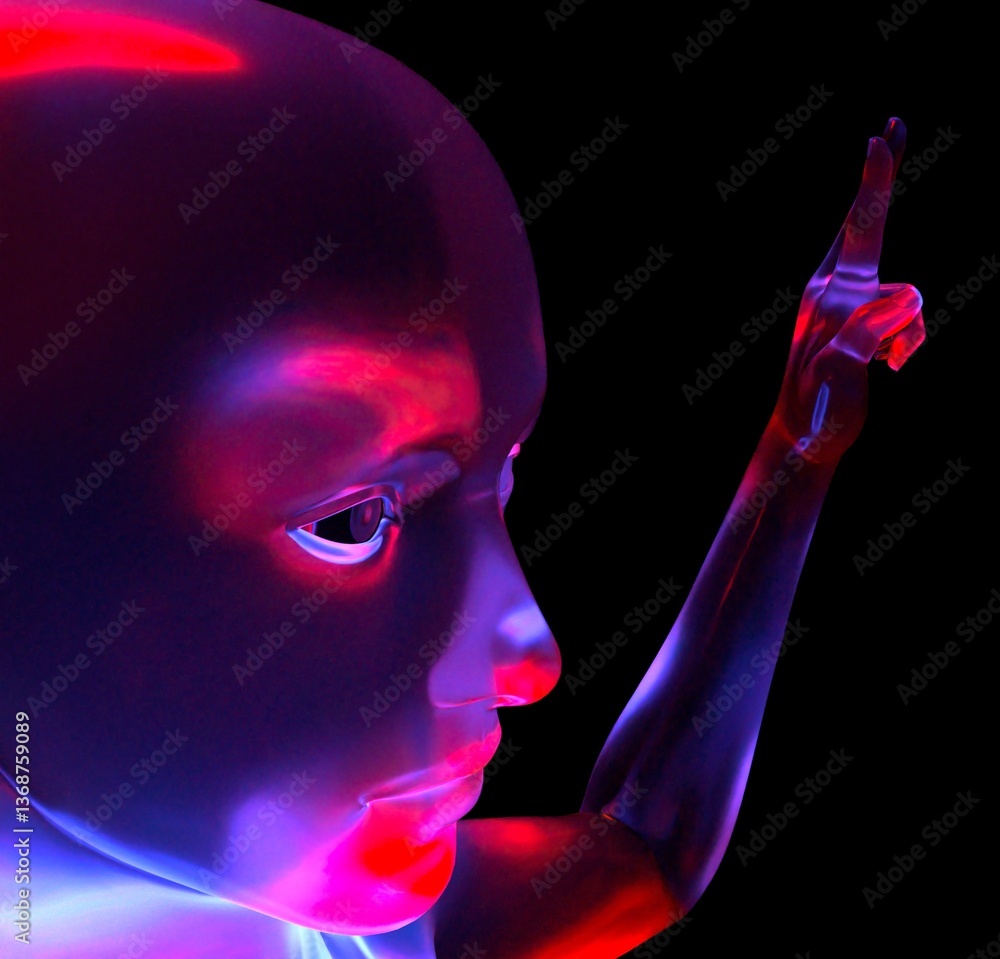 Poster 3d digital human face with a glossy, reflective surface, highlighted by neon blue and red lights aga