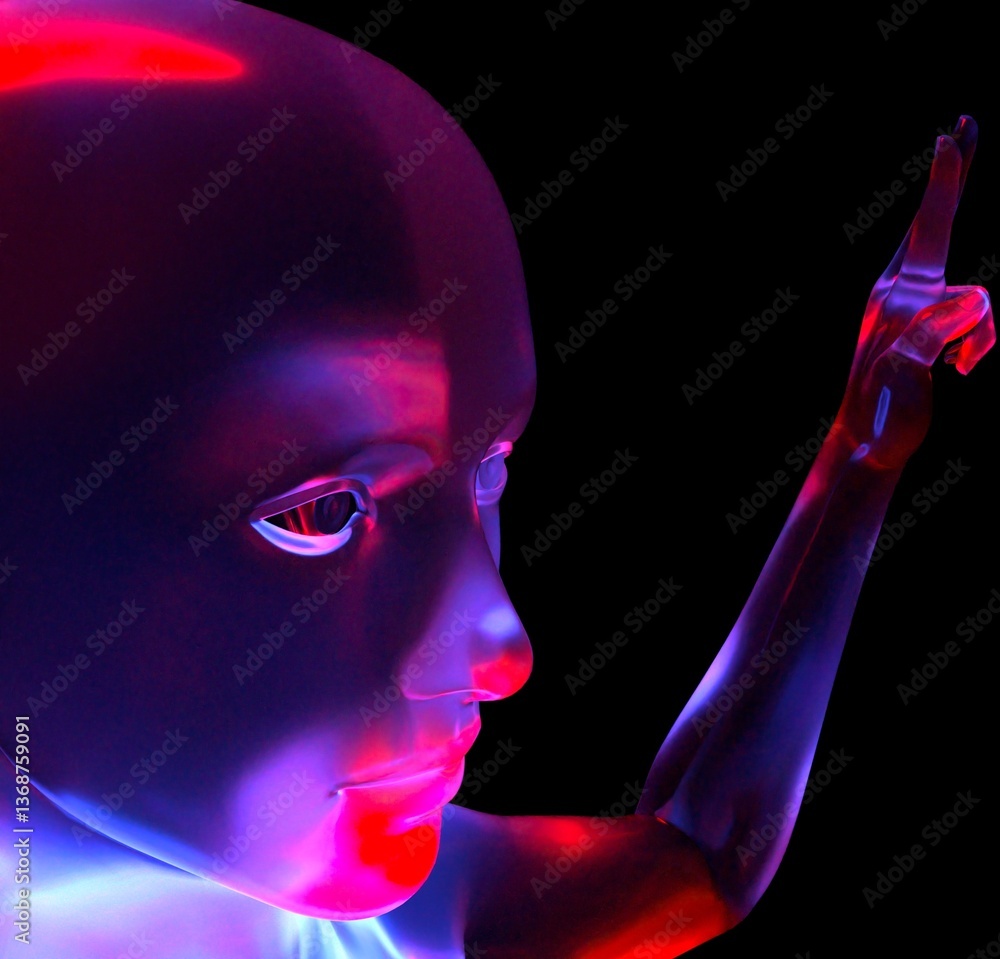 Poster 3d digital human face with a glossy, reflective surface, highlighted by neon blue and red lights aga