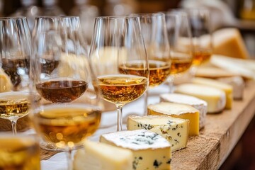 A row of wine glasses filled with amber liquid sits alongside an assortment of cheeses on a wooden surface. The image showcases a tasting or pairing event