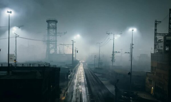 Foggy industrial urban street city night scenery