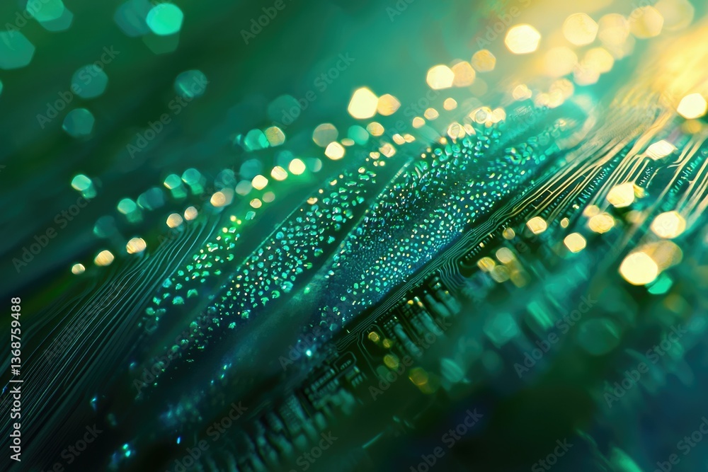 Poster a vibrant green circuit board with bokeh lights overlayed, creating an abstract and modern technolog