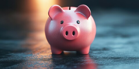 Fototapeta premium Bright pink piggy bank on a shiny surface reflecting warm light, representing savings and financial planning for the future