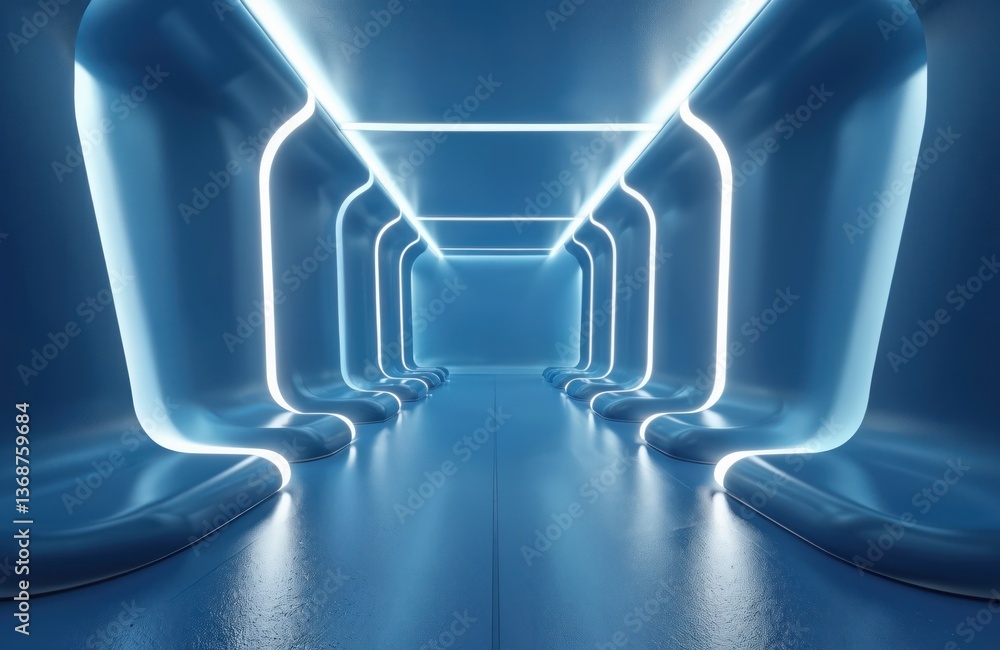 Poster futuristic interior design with illuminated neon lines. blue abstract 3d rendering creates modern sp