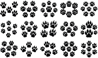 Black Animal Paw Prints Isolated on White Background, Multiple Groupings, Varied Claws