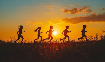 kids run in the park at sunset. friendly family children camp kid dream concept. a group of children run on the grass at the rays fun of the sun silhouette. childhood dream teamwork sunset