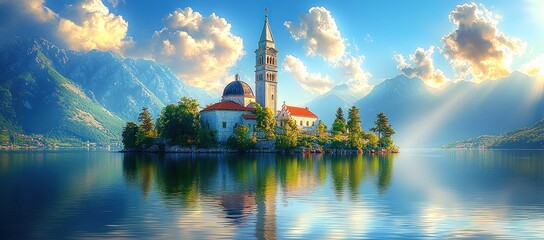 Church on island lake, scenic mountain view.